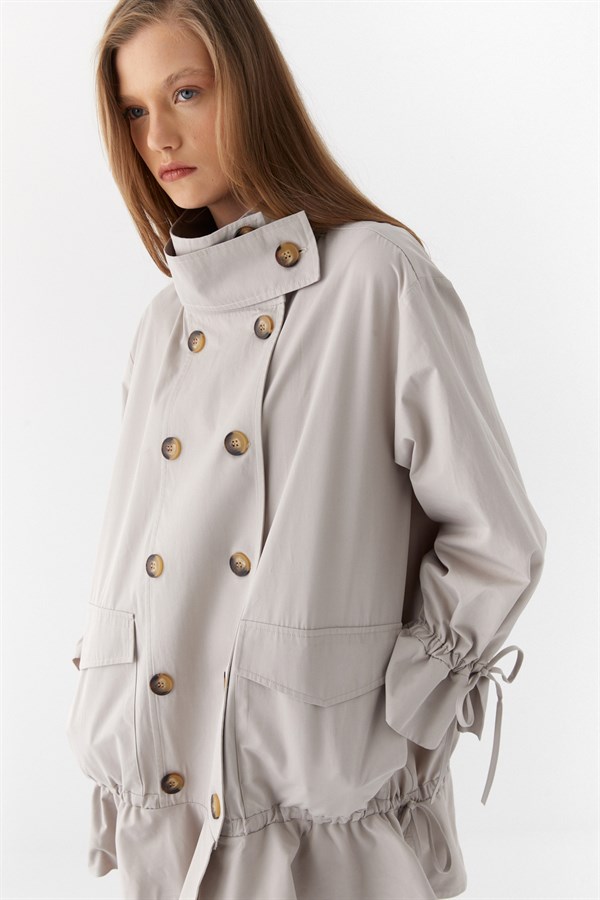 Volanlı Oversize Trençkot Taş