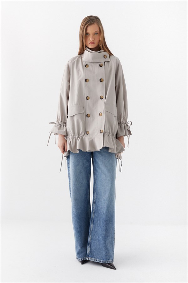 Volanlı Oversize Trençkot Taş