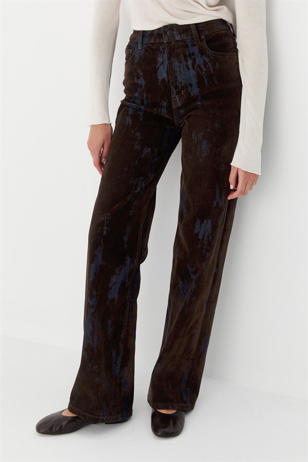 Wide Leg Baskılı Denim Pantolon Kahverengi