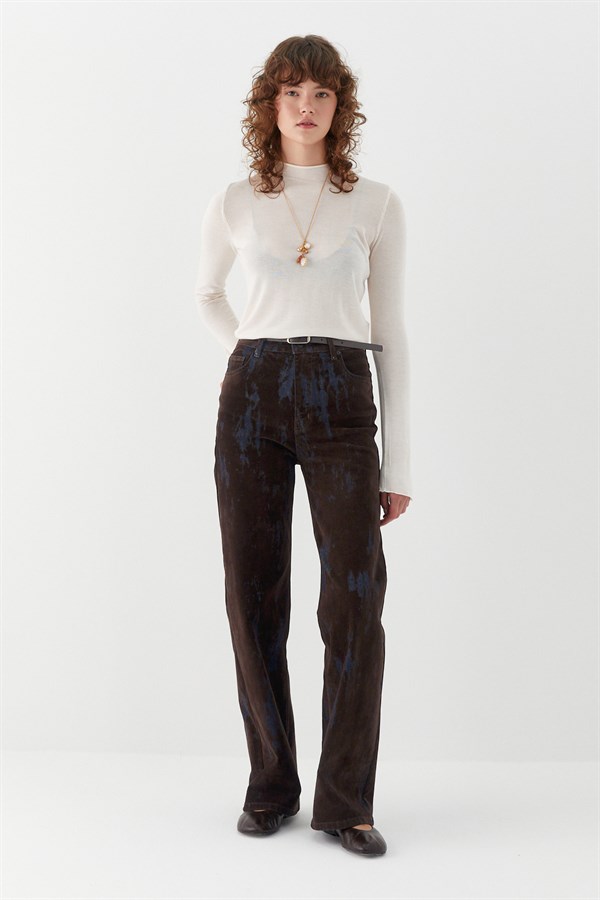 Wide Leg Baskılı Denim Pantolon Kahverengi