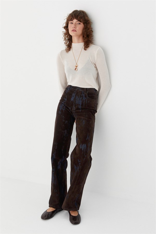 Wide Leg Baskılı Denim Pantolon Kahverengi
