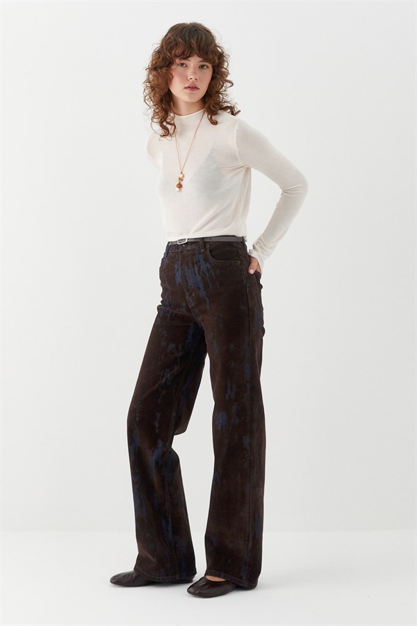 Wide Leg Baskılı Denim Pantolon Kahverengi