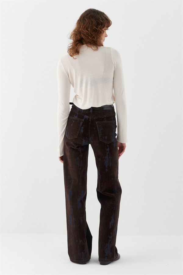 Wide Leg Baskılı Denim Pantolon Kahverengi