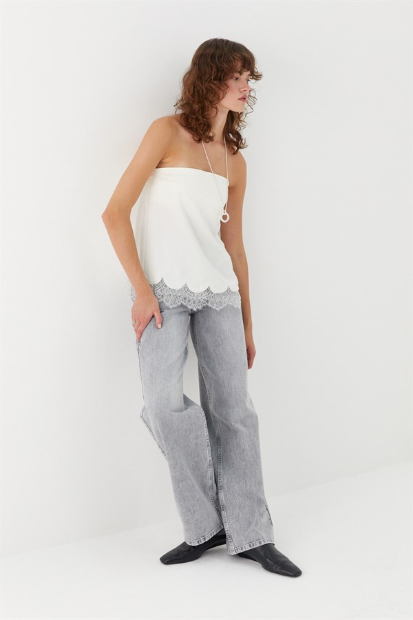 Wide Leg Denim Pantolon Gri