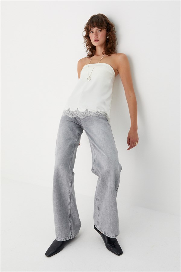 Wide Leg Denim Pantolon Gri