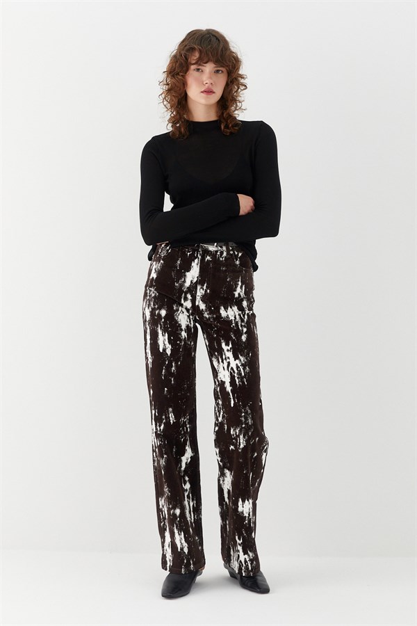 Wide Leg Desenli Denim Pantolon Kahverengi