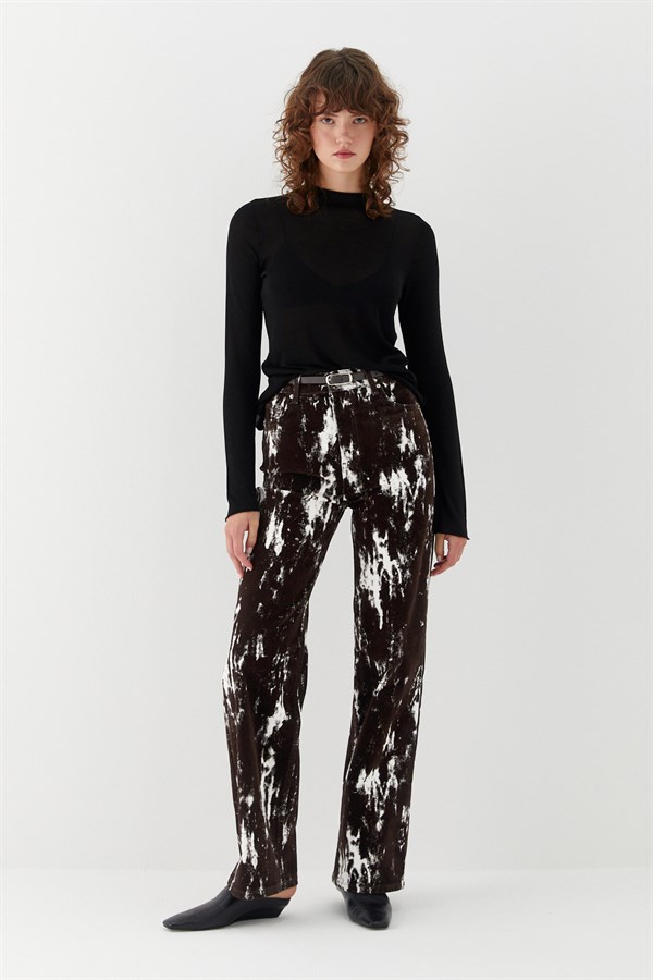 Wide Leg Desenli Denim Pantolon Kahverengi