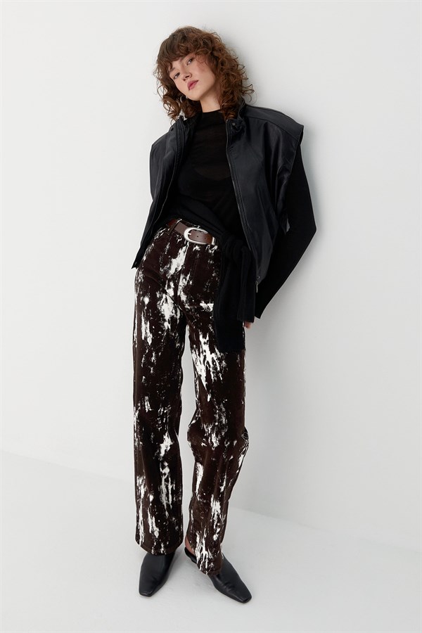 Wide Leg Desenli Denim Pantolon Kahverengi