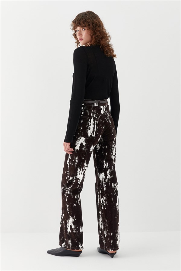 Wide Leg Desenli Denim Pantolon Kahverengi