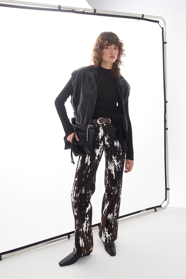 Wide Leg Desenli Denim Pantolon Kahverengi