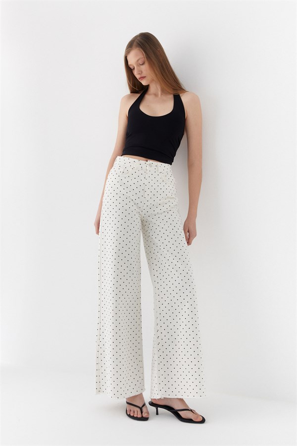 Wide Leg Puantiyeli Pantolon Beyaz
