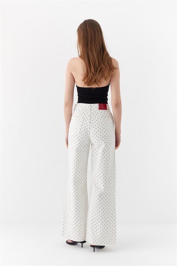 Wide Leg Puantiyeli Pantolon Beyaz