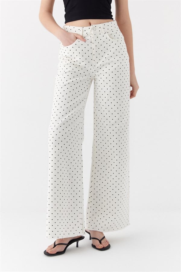 Wide Leg Puantiyeli Pantolon Beyaz