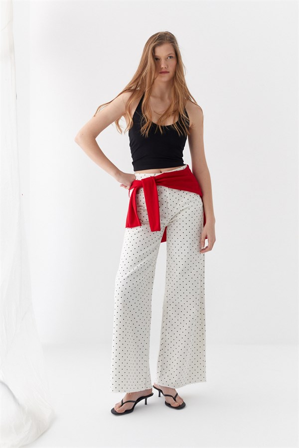 Wide Leg Puantiyeli Pantolon Beyaz
