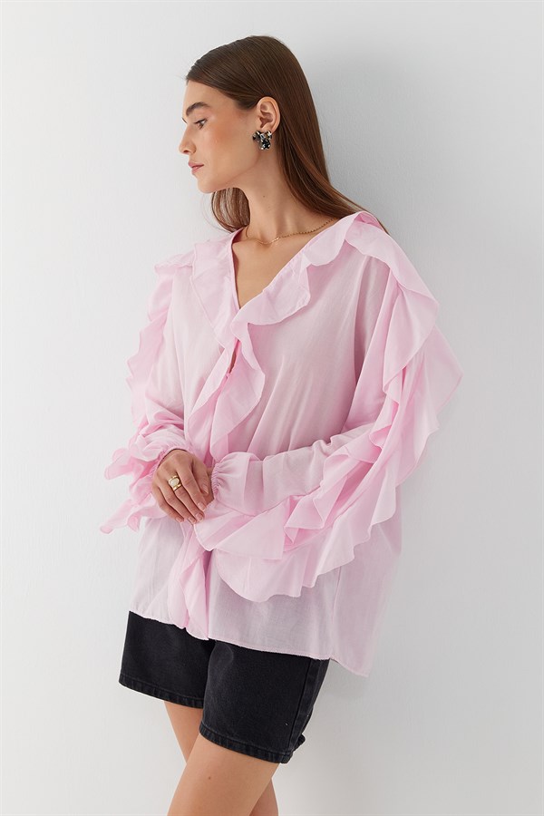 Yakası ve Kolları Fırfırlı Gömlek Pembe