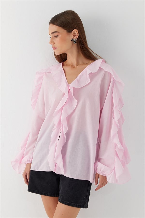 Yakası ve Kolları Fırfırlı Gömlek Pembe
