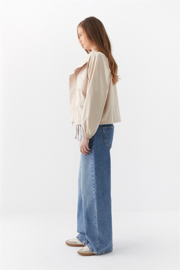 Yandan Cepli Bomber Ceket Bej