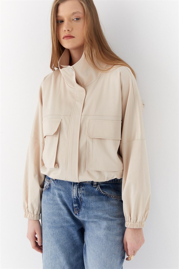 Yandan Cepli Bomber Ceket Bej