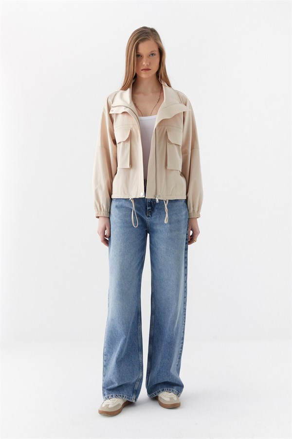 Yandan Cepli Bomber Ceket Bej