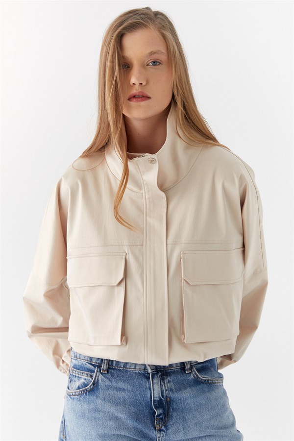 Yandan Cepli Bomber Ceket Bej
