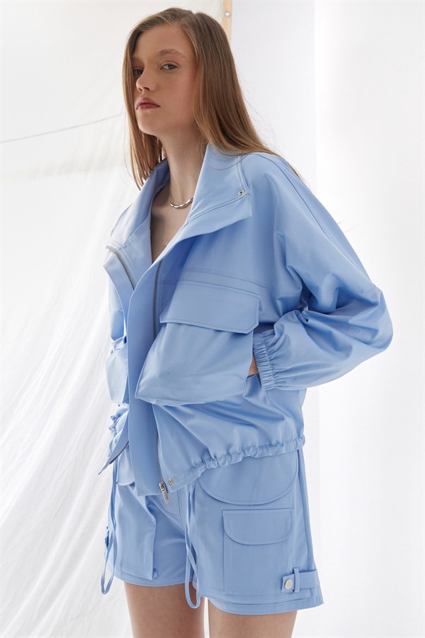 Yandan Cepli Bomber Ceket Mavi