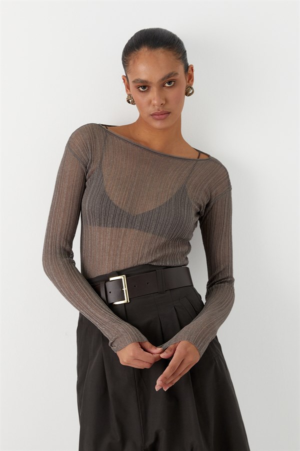 Yarı Transparan Uzun Kollu Fitilli T-Shirt Vizon