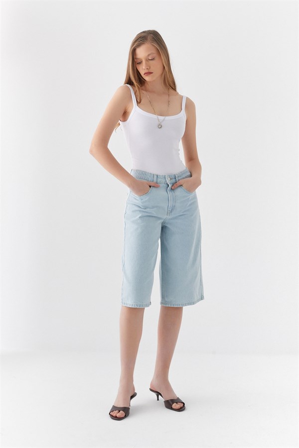 Yüksek Bel Bermuda Şort Açık Mavi