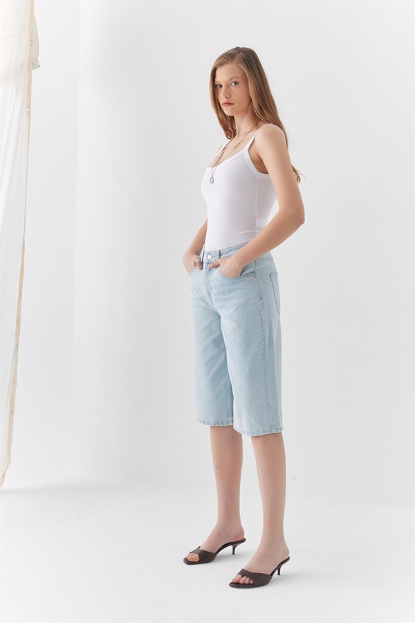 Yüksek Bel Bermuda Şort Açık Mavi