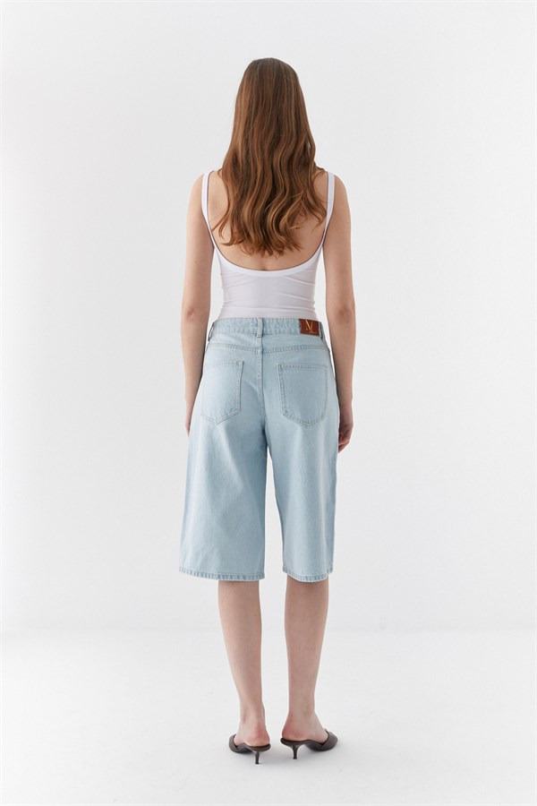 Yüksek Bel Bermuda Şort Açık Mavi