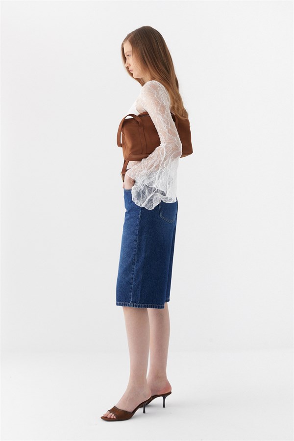 Yüksek Bel Bermuda Şort Koyu Mavi