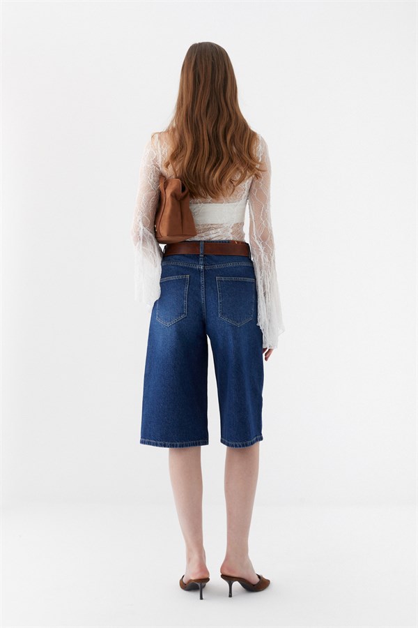 Yüksek Bel Bermuda Şort Koyu Mavi