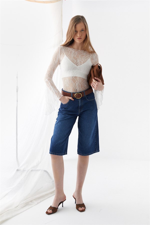 Yüksek Bel Bermuda Şort Koyu Mavi