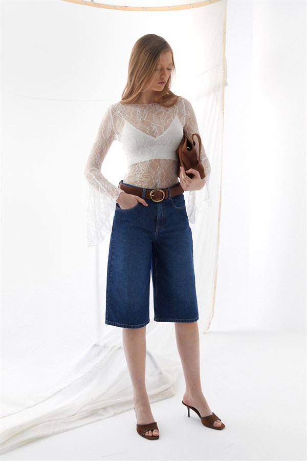 Yüksek Bel Bermuda Şort Koyu Mavi