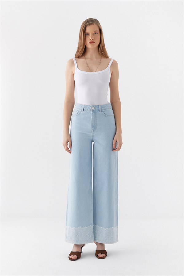 Yüksek Bel Dantelli Geniş Paça Jean Pantolon Açık Mavi