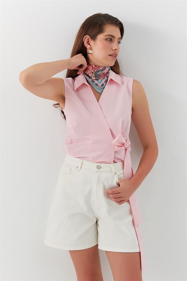 Yüksek Bel Denim Şort Ekru