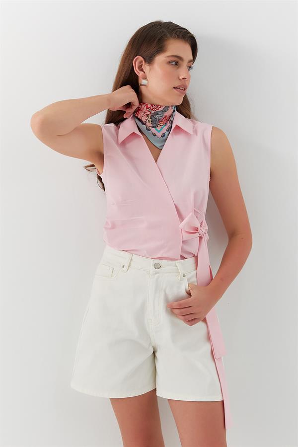 Yüksek Bel Denim Şort Ekru