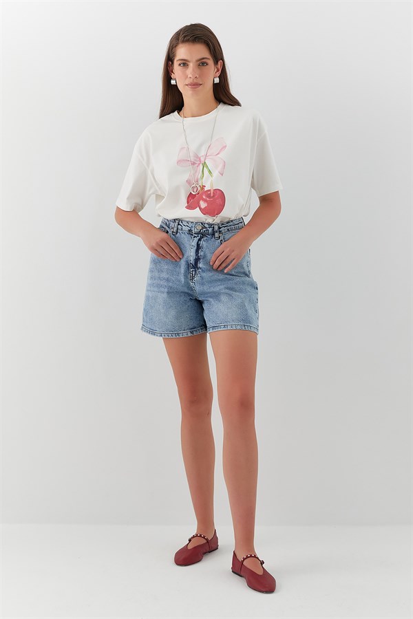 Yüksek Bel Denim Şort Mavi