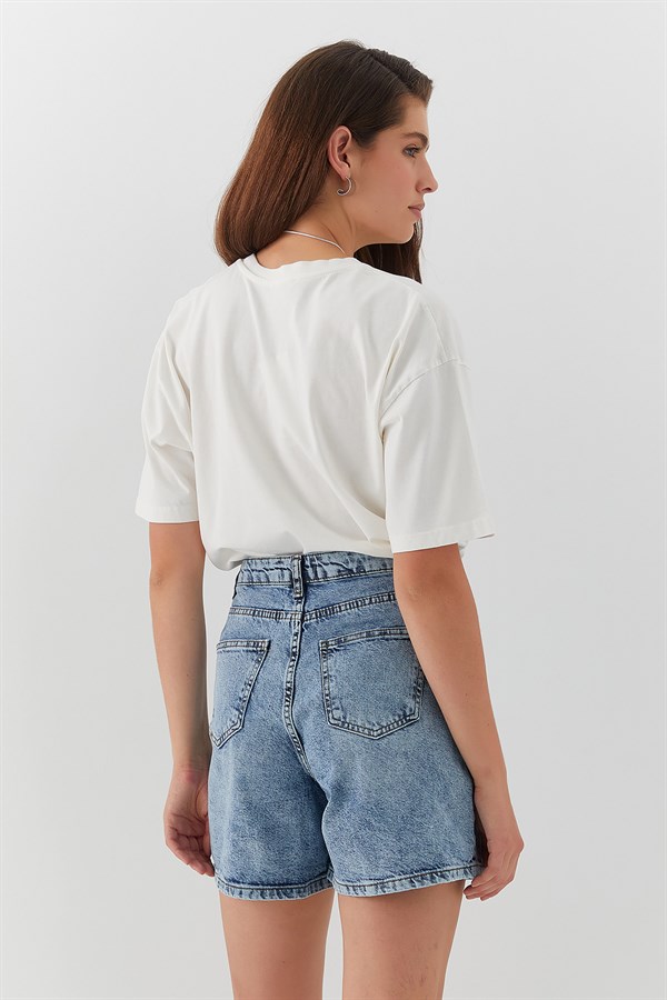 Yüksek Bel Denim Şort Mavi