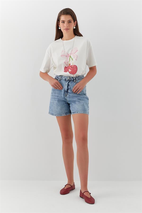 Yüksek Bel Denim Şort Mavi