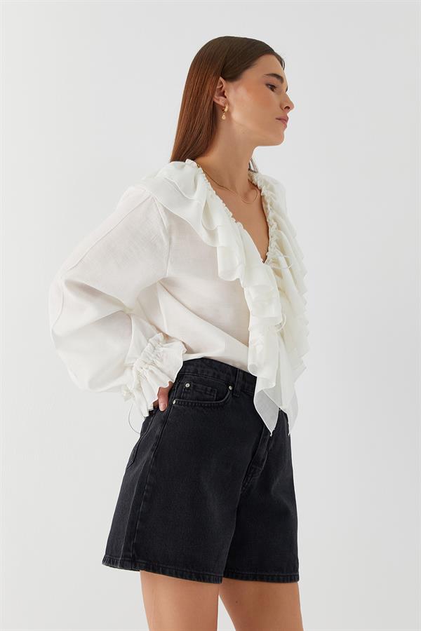 Yüksek Bel Denim Şort Siyah