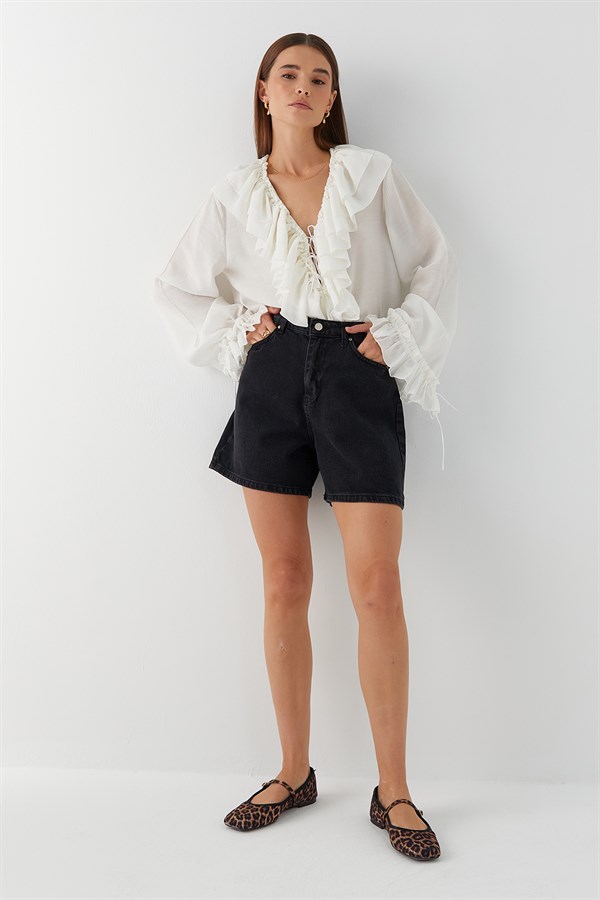 Yüksek Bel Denim Şort Siyah
