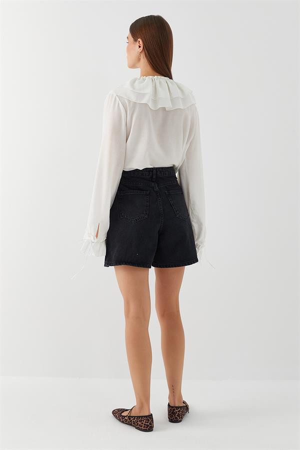 Yüksek Bel Denim Şort Siyah
