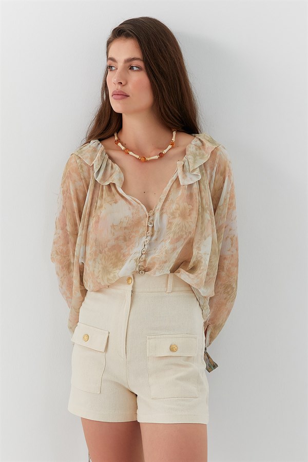 Yüksek Bel Düğme Detaylı Keten Şort Bej