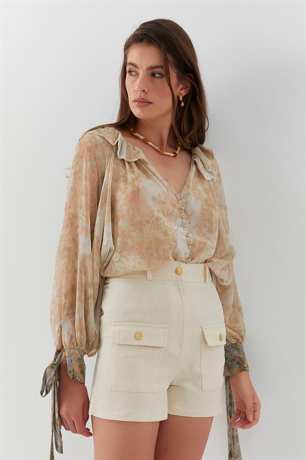 Yüksek Bel Düğme Detaylı Keten Şort Bej