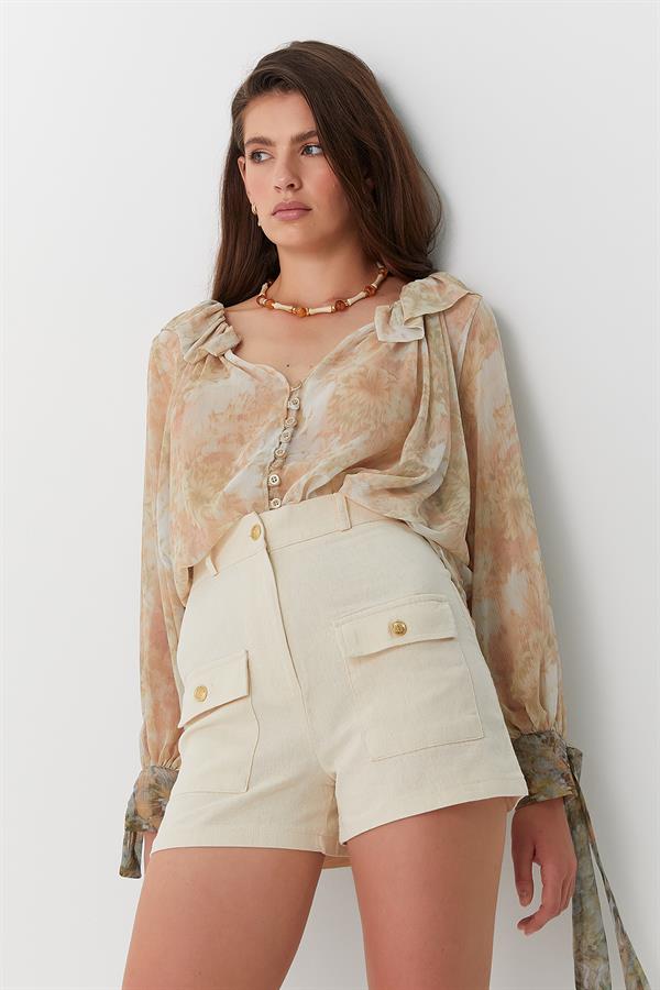 Yüksek Bel Düğme Detaylı Keten Şort Bej