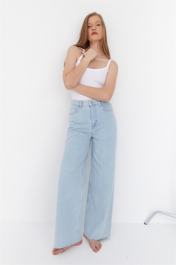 Yüksek Bel Geniş Paça Jean Pantalon Açık Mavi