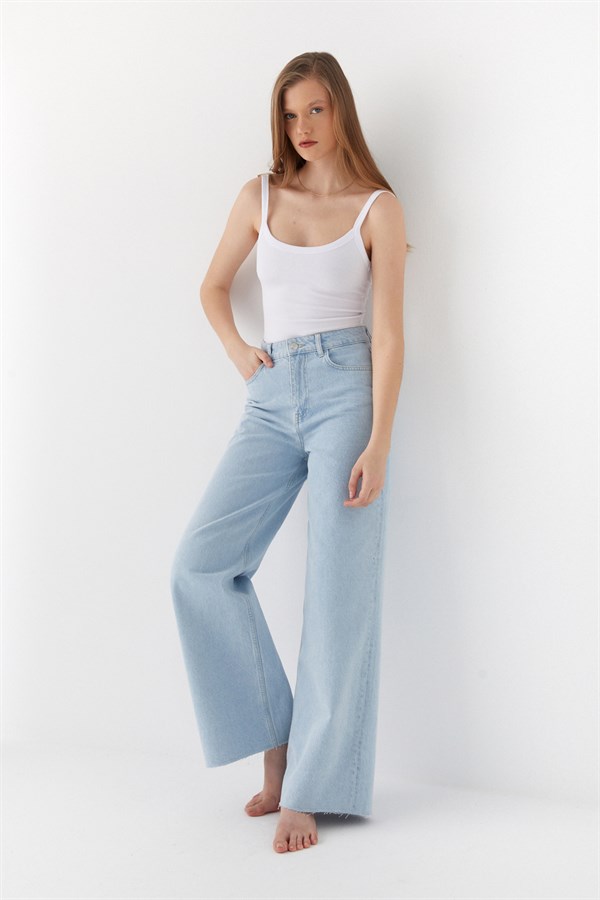 Yüksek Bel Geniş Paça Jean Pantalon Açık Mavi