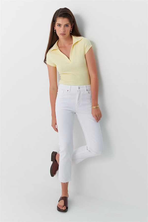 Yüksek Bel Slim Fit Jean Pantolon Beyaz