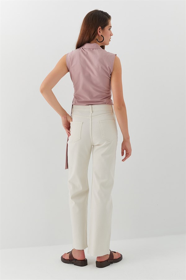 Yüksek Bel Straight Leg Jean Pantolon Ekru