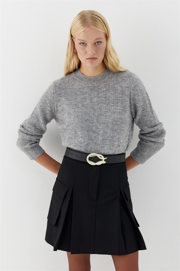 Yuvarlak Yaka Triko Kazak Gri